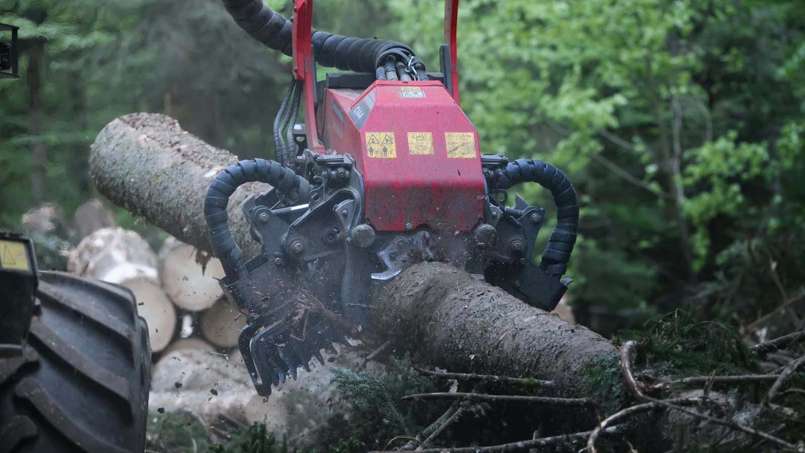A Komatsu Harvester Head cleans a Tree.