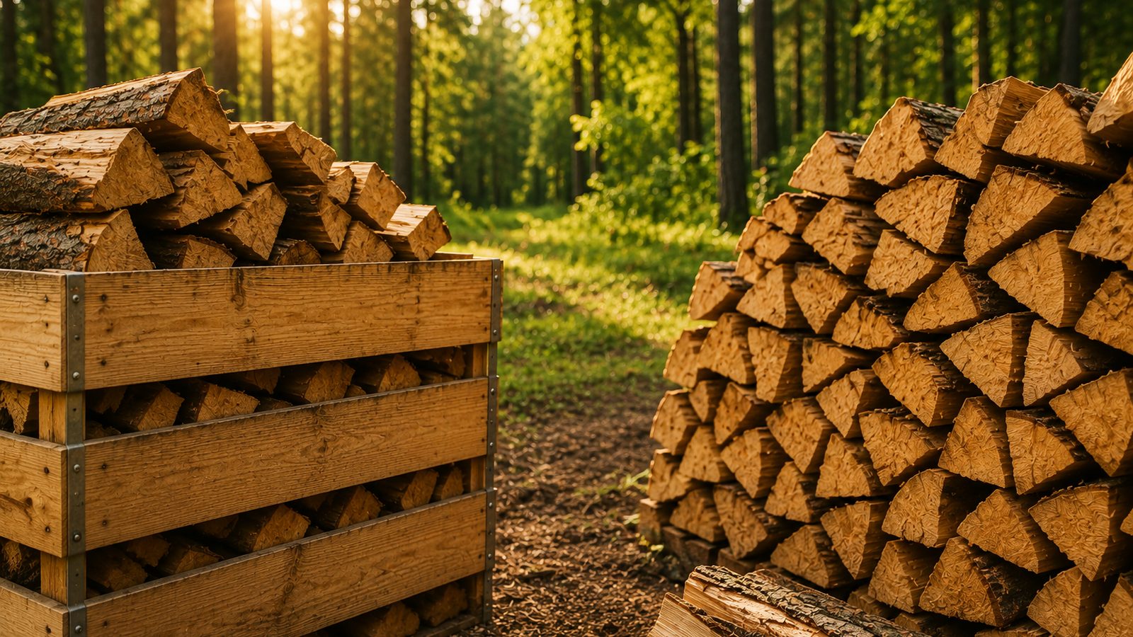 Großer Container gefüllt mit losem Brennholz